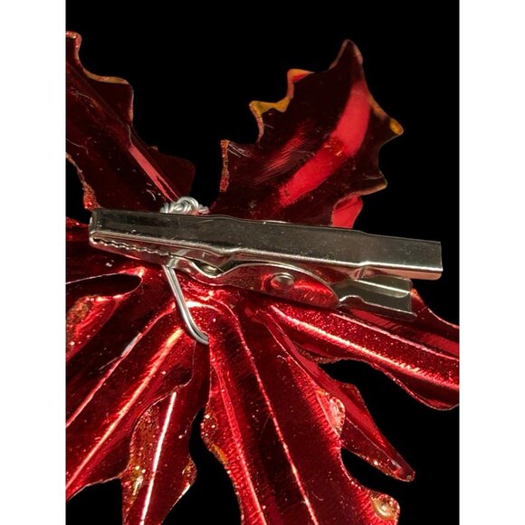Vintage Poinsettia ClipOn Christmas Ornament Metallic Glitter w/ Jingle Bells 5” - Picture 5 of 7